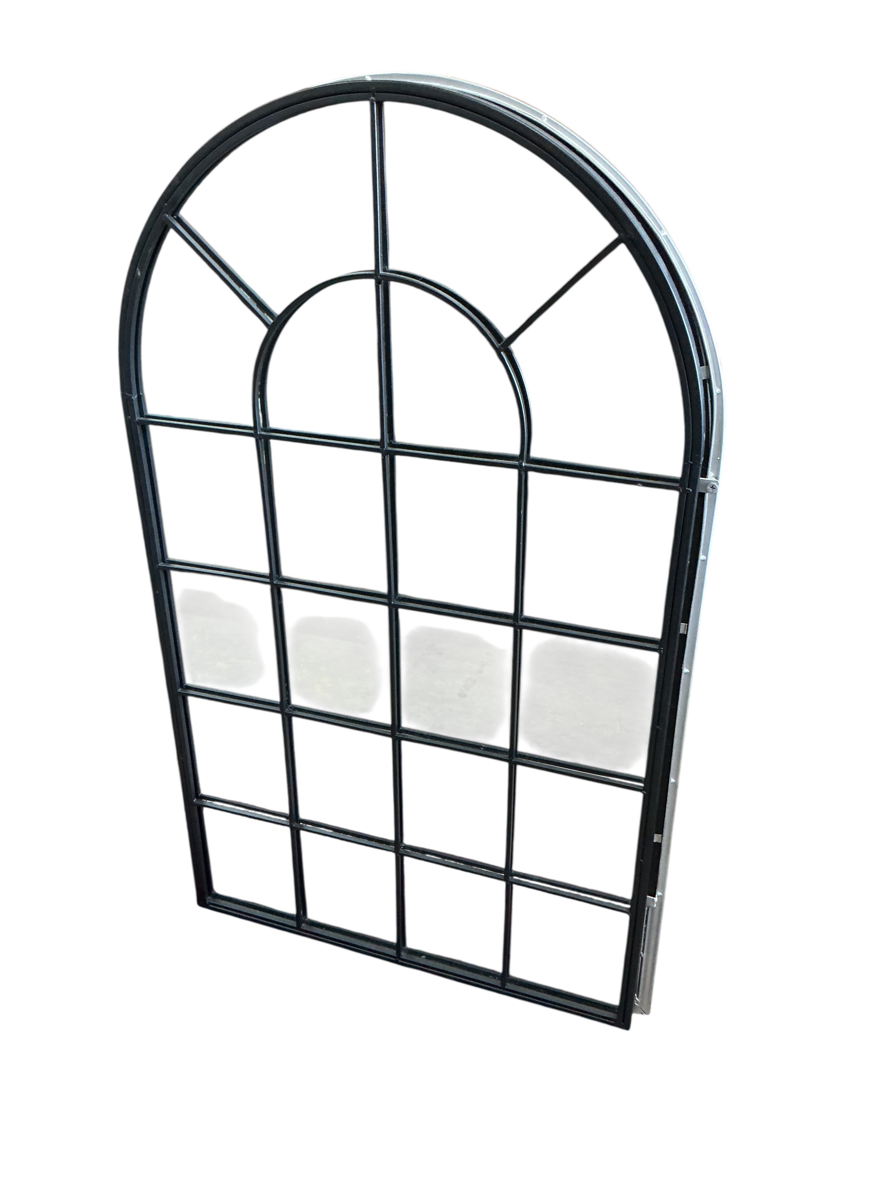 Two metal framed arched window pane wall mirrors, width 68cm, height 111cm